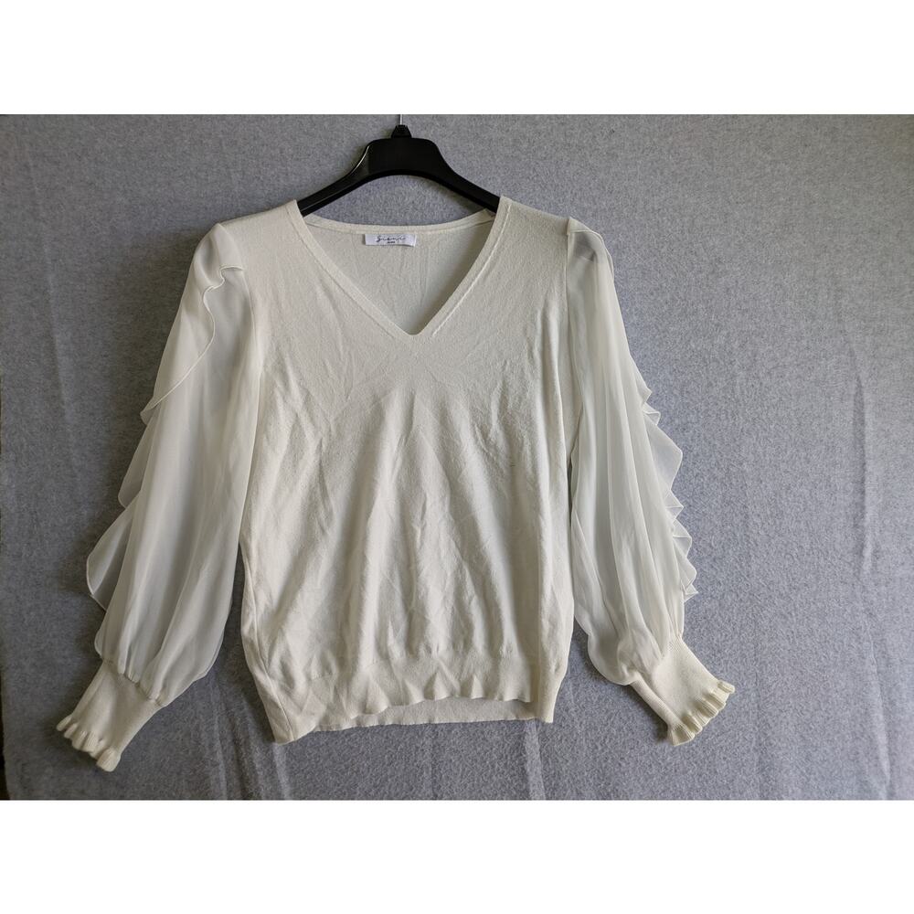 Sioni Milano Blouse Womens Size L Ruffled Sheer Sleeve V-Neck Pullover Cream‎